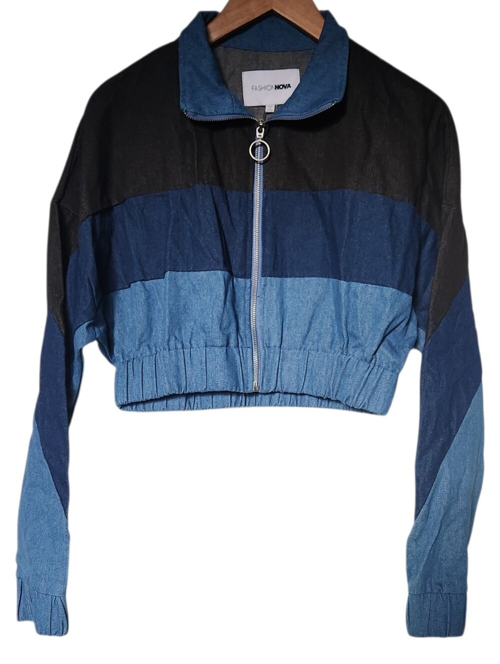 Fashion Nova Colorblock Cropped Denim Bomber Jacket - Black & Navy & Light Blue